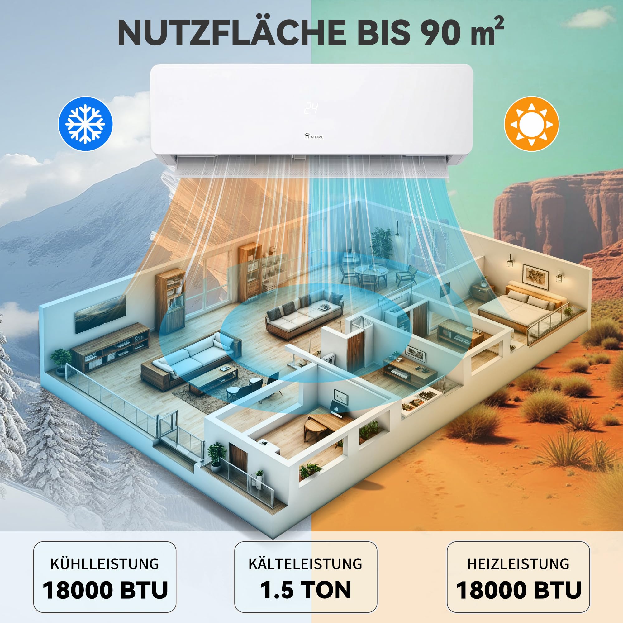 YITAHOME 18000 BTU Split Klimaanlage Set | Vorgefüllt Klimagerät, Kühlen A++/Heizen A+, WiFi/App Funktion, Montagematerial, für Räume bis 90 m², Weiß