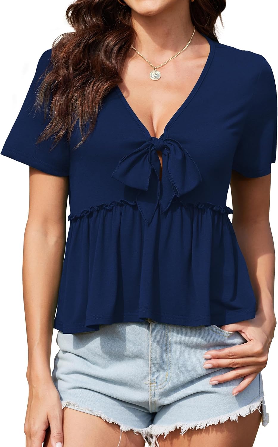 ArtJuly Womens Sexy V Neck Tops Summer Cute Ruffle Shirts Cutout Tie Bow Blouse Short Sleeve Crop Tops