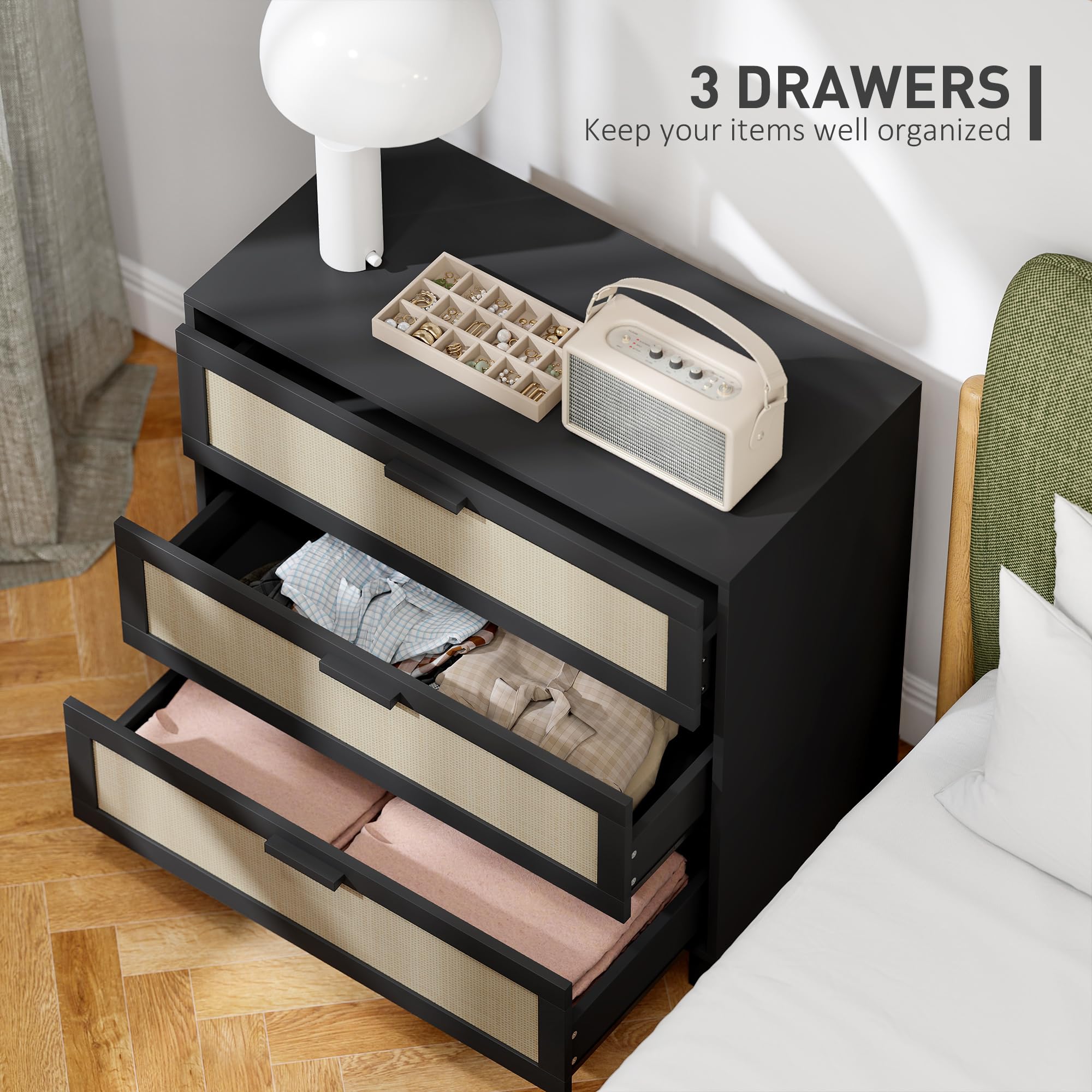 HOMCOM Commode en rotin pour Chambre à Coucher, 3 tiroirs, Commode bohème pour Salon, Couloir, Noir