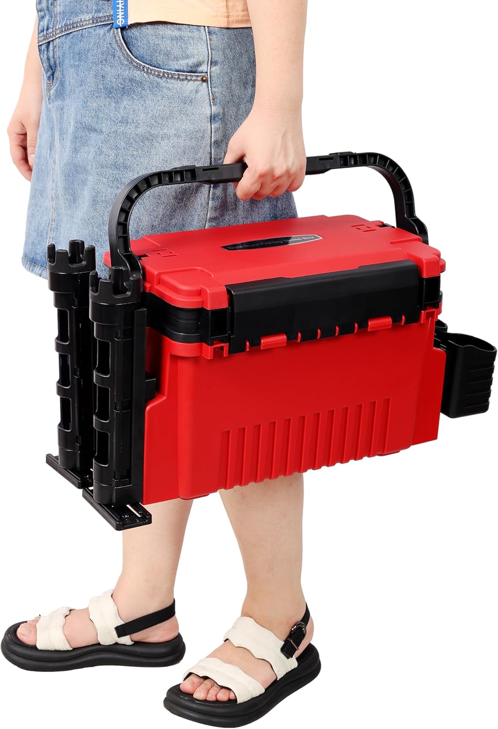 Dual-Layer Fishing Tackle Box Organizer–11L Waterproof Tacklebox for Fishing with Adjustable Compartments,2 Rod Holders,2 Cup Holders, Portable Carry Strap,Fishing Tackle Box for Anglers (Red)