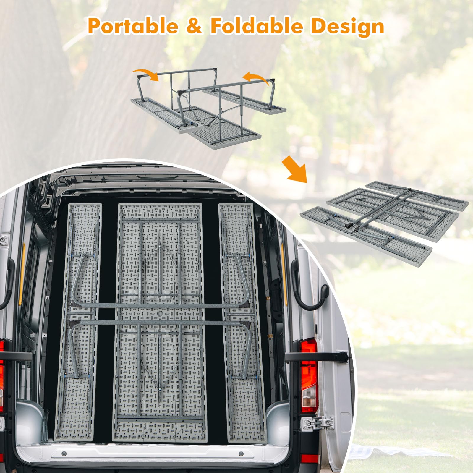 GIANTEX Set tavolo da picnic con panchine, set di mobili da giardino pieghevole per 8 persone con telaio in metallo piano in HDPE, 183 cm foro per ombrellone, grigio