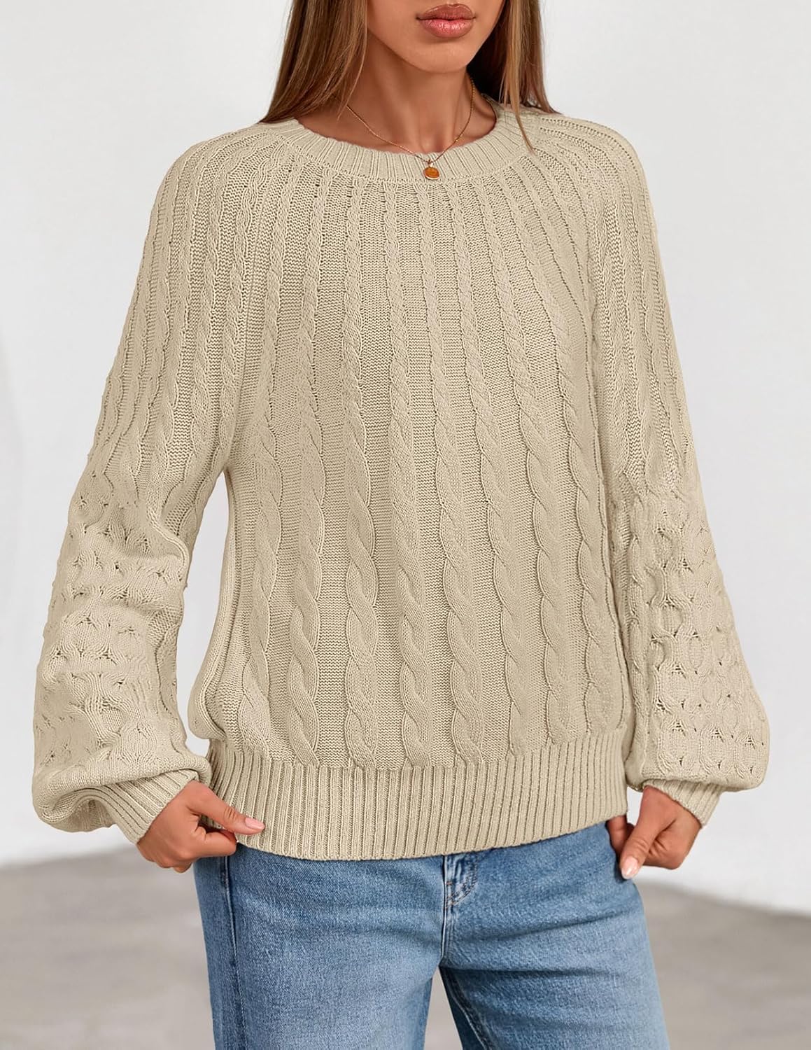 MEROKEETY Women's Fall Cable Knit Sweater 2025 Fashion Warm Crew Neck Lantern Sleeve Chunky Winter Pullover Tops - Image 8