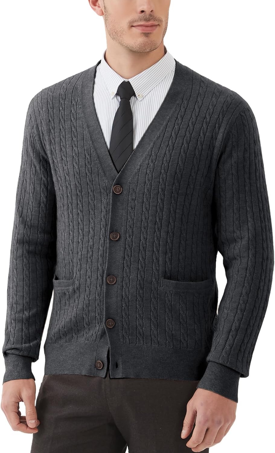 Kallspin Men's Cardigan Sweater Wool Blend Cable Knit V Neck Buttons Cardigan with Pockets