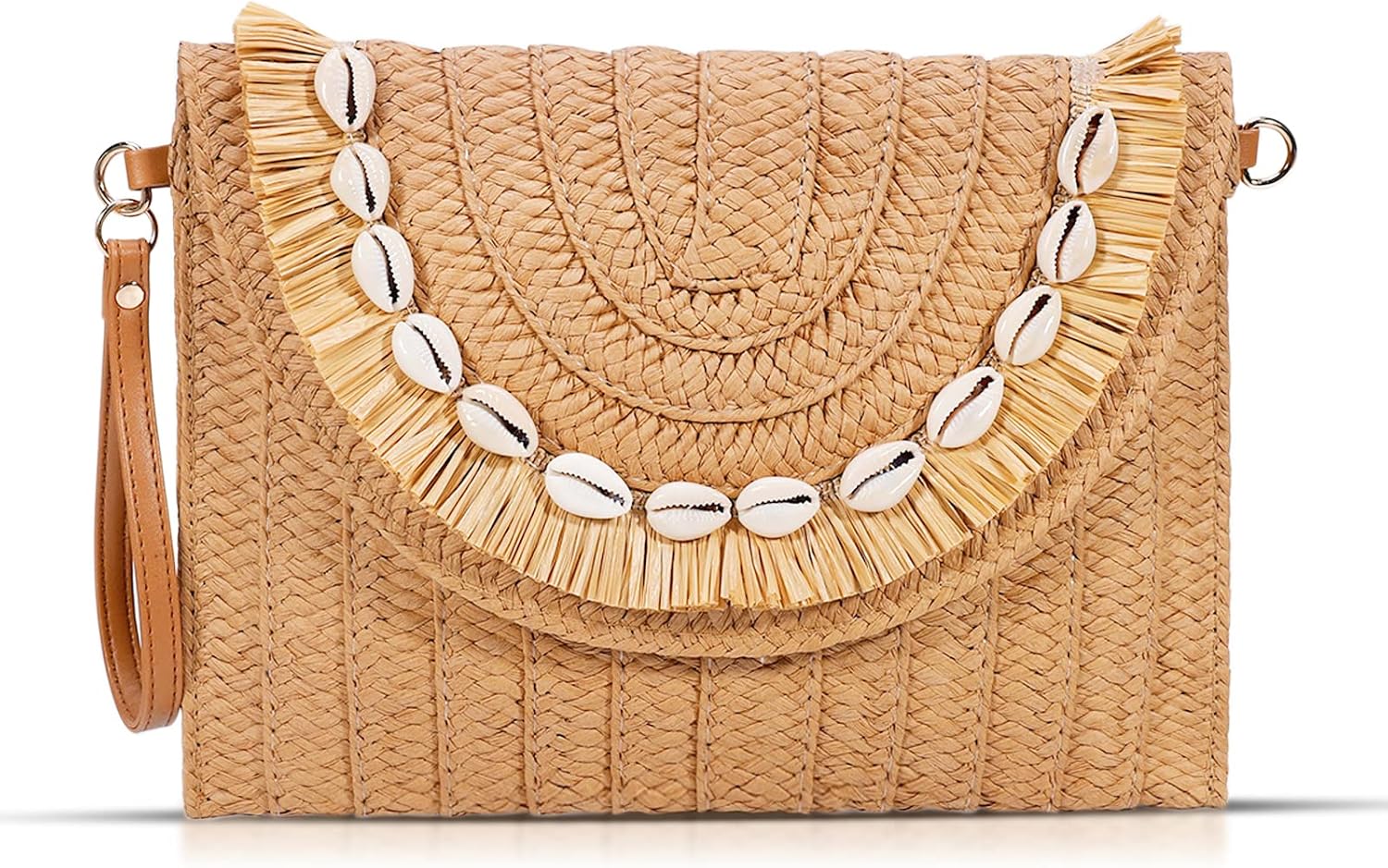 Straw Bag Crossbody Bag for Women, Shell Tassel Clutch Purses, Bohemian Handmade Woven Handbags, Summer Beach Bag, Envelope Wallet