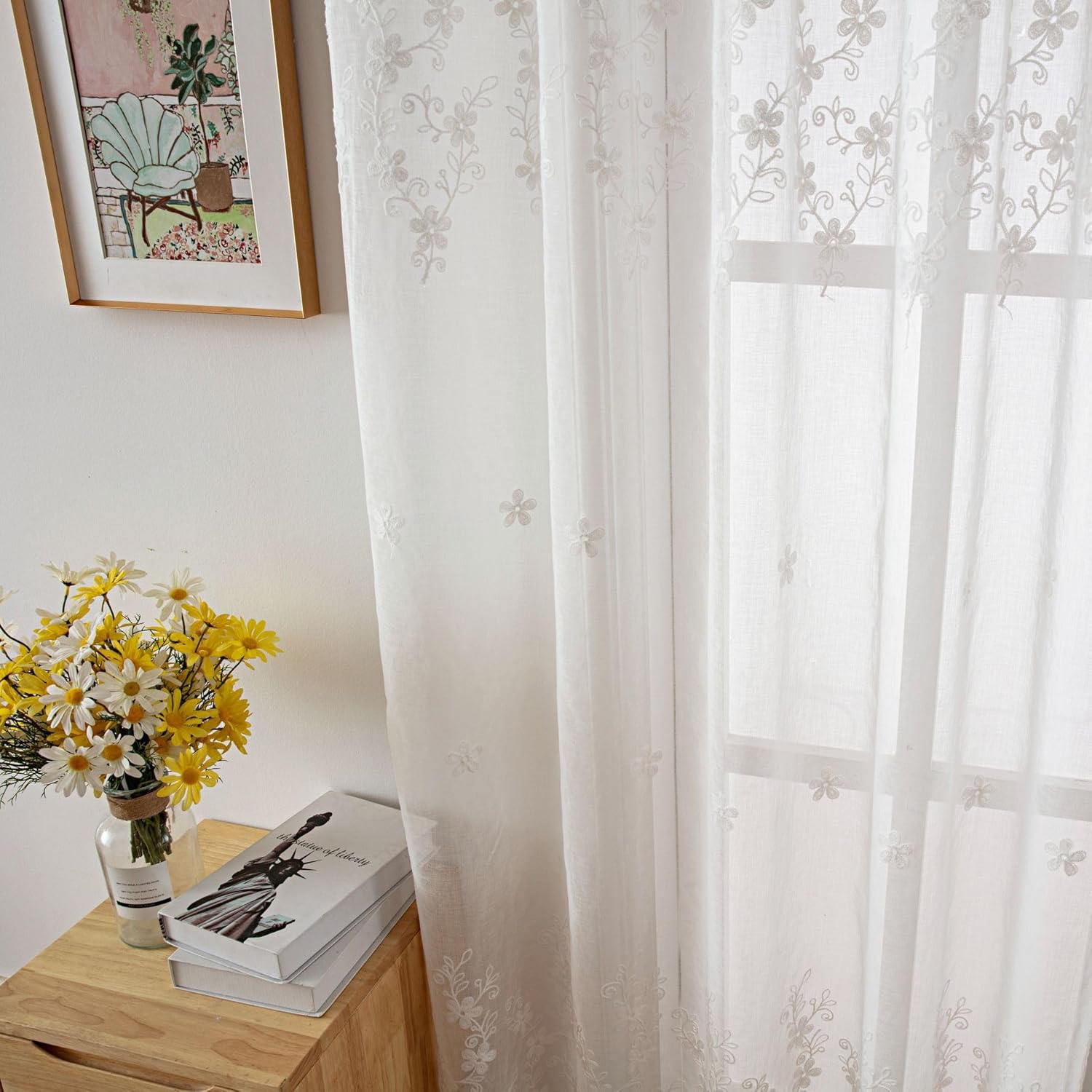 Embroidered Korean American Style Fresh White Sheer Curtains Voile Gauze Home Decor for Living Room Bedroom(2 Panels, W 100 x L 84 inch, White)