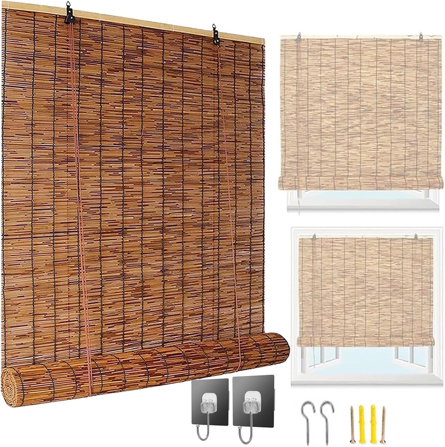 Bamboo Roller Blinds for Outdoor Patio, Natural Reed Roll Up Shades, 24" 28" 36" 42" 48" 52" 72" 64" 80" Wide Waterproof Privacy Blind for Indoor Windows, Porch & Sun Shade(36" W x 54" H)