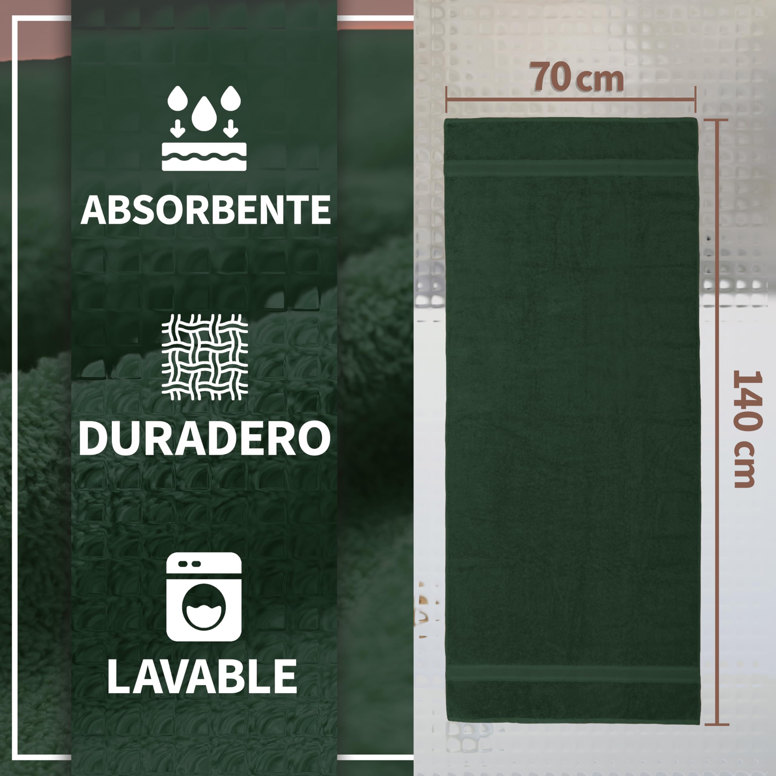 NatureMark Paquete de 2 Toallas de baño de 70 x 140 cm, Toalla de Ducha en Paquete Doble, Color: Verde Oscuro