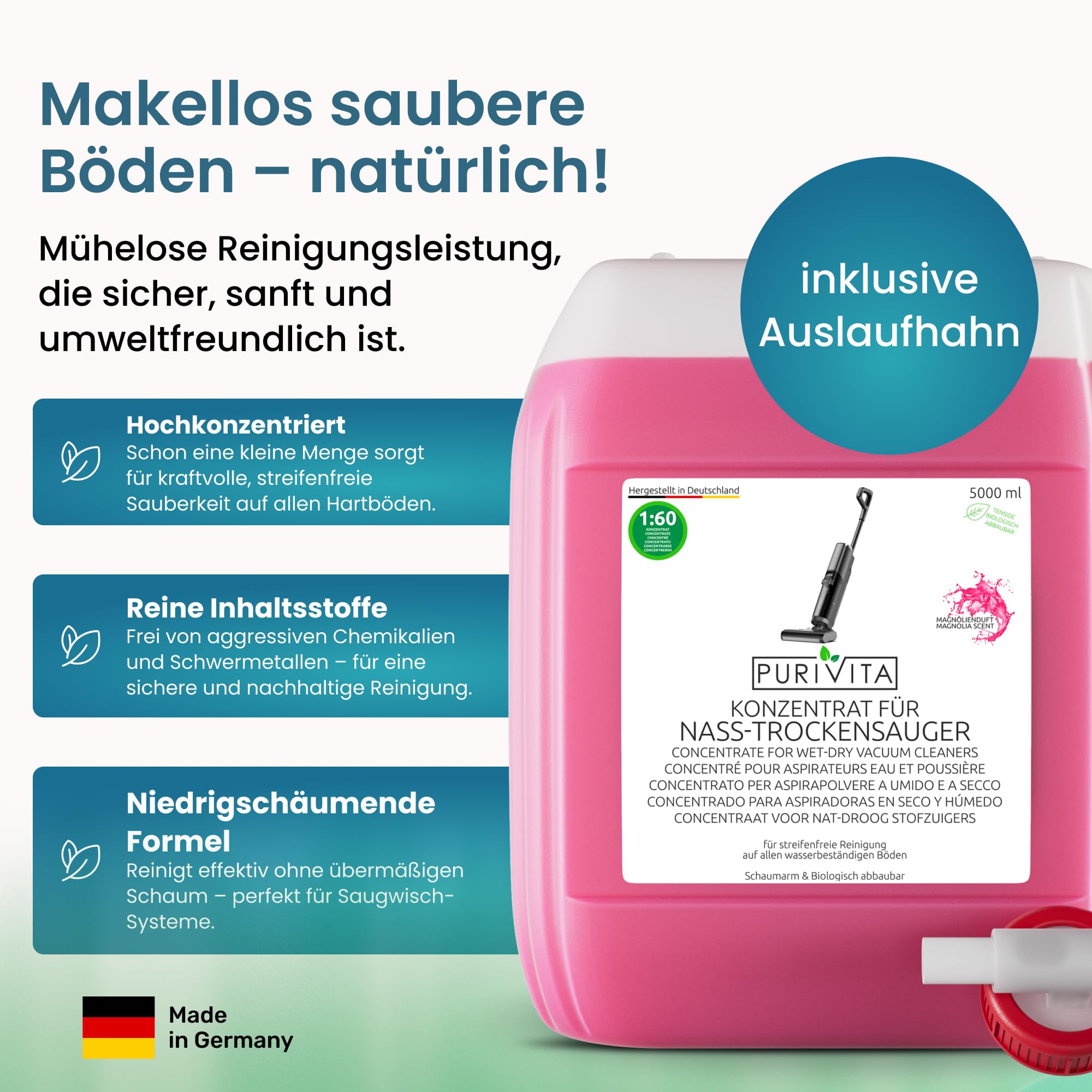 PURIVITA® Saugwischer Reinigungskonzentrat Nasssauger 5L Magnolienduft | Für Waschsauger und Wischroboter: streifenfrei, schnell trocknend, ergiebig, angenehmer Duft
