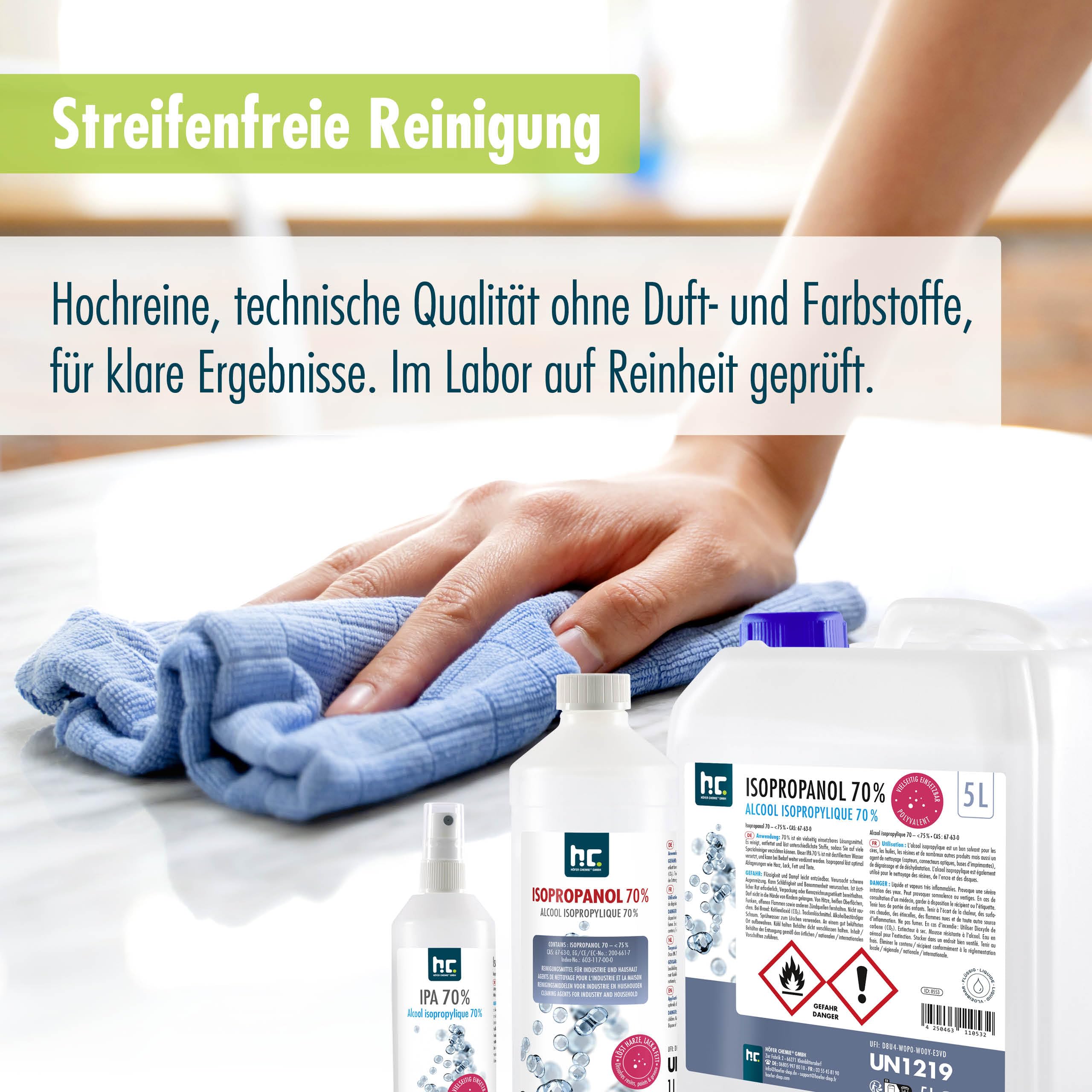 Höfer Chemie 2 x 5L Isopropanol 70% – Isopropylalkohol zum Reinigen und Entfetten von Glas, Displays, Brillen, Schallplatten und Whiteboards – IPA 70 Industriealkohol im praktischen Kanister