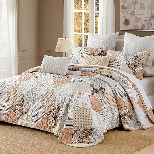 Miniatura 2 de Juego de edredón de 3 piezas, tamaño Queen, color rosa, floral, a cuadros, reversible, juego de ropa de cama de microfibra suave y ligera para todas