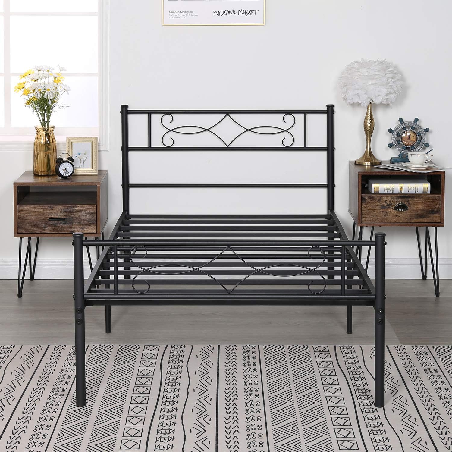 VECELO Twin Size Bed Frame Metal Platform/Mattress Foundation with headboard Footboard/Steel Slat Support/No Box Spring Needed/Easy Assembly