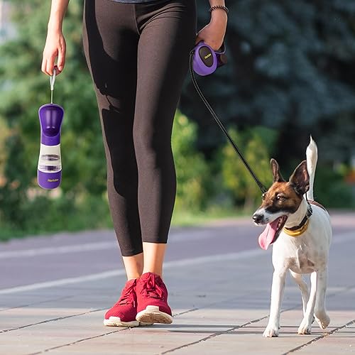 Miniatura 8 de Hertzko Correa retráctil resistente para perros con soporte integrado para bolsa de excrementos + dispensador de aguabotella - morado y negro, 16