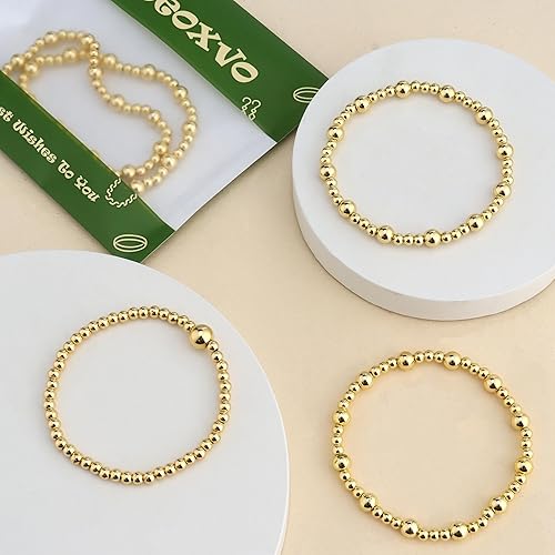 Miniatura 6 de Reoxvo Gold Beaded Bracelets for Women Non Tarnish Stack 14K Gold Plated Stretch Elastic Bead Ball Bracelet Jewelry Set for Women Trendy