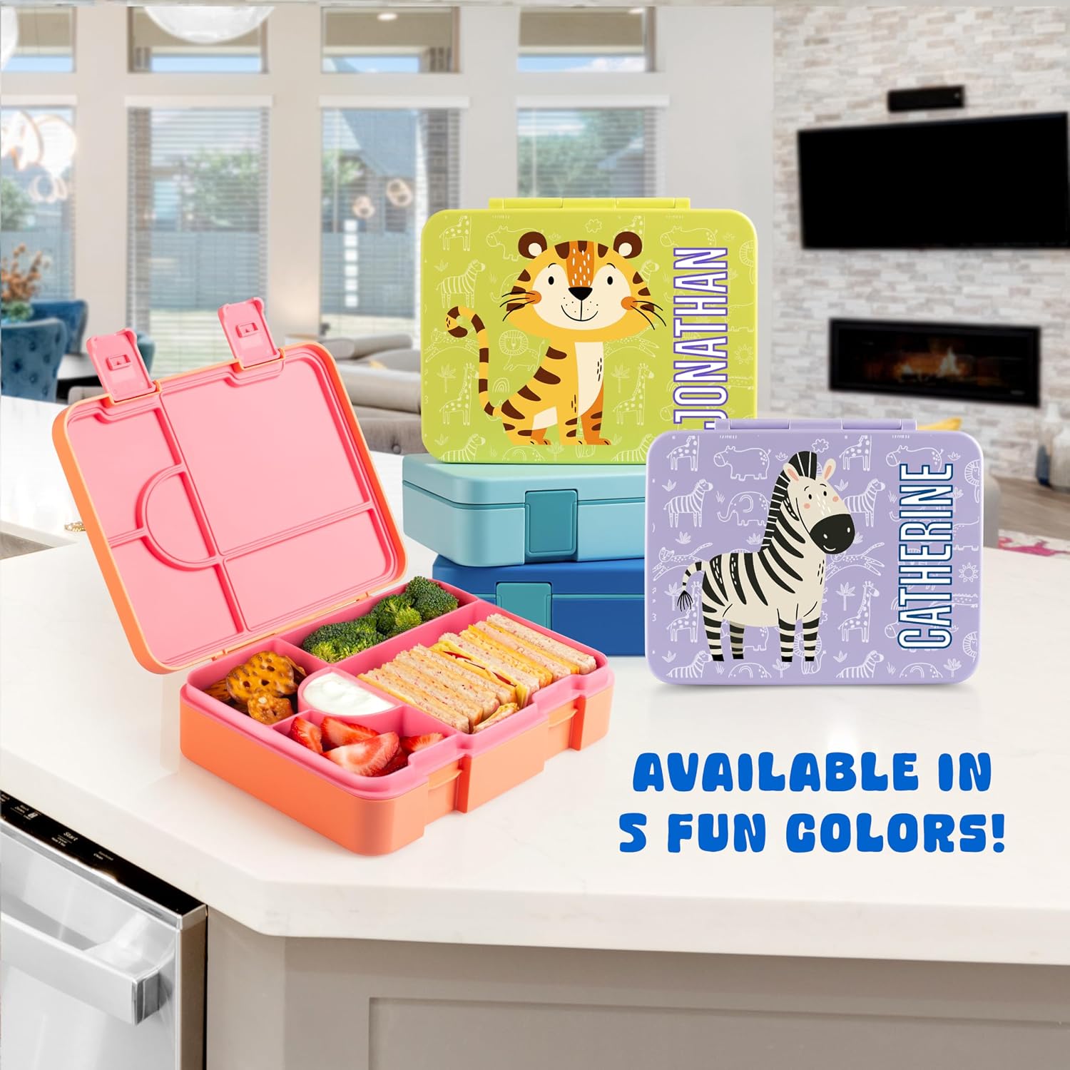Personalized Bento Box for Kids with Safari Icon and Name - Royal Blue - 5 Compartments Drop-Proof Bento Box, Dishwasher Safe, Made with BPA-Free Materials, Bento Lunch Box for Kids and Toddlers