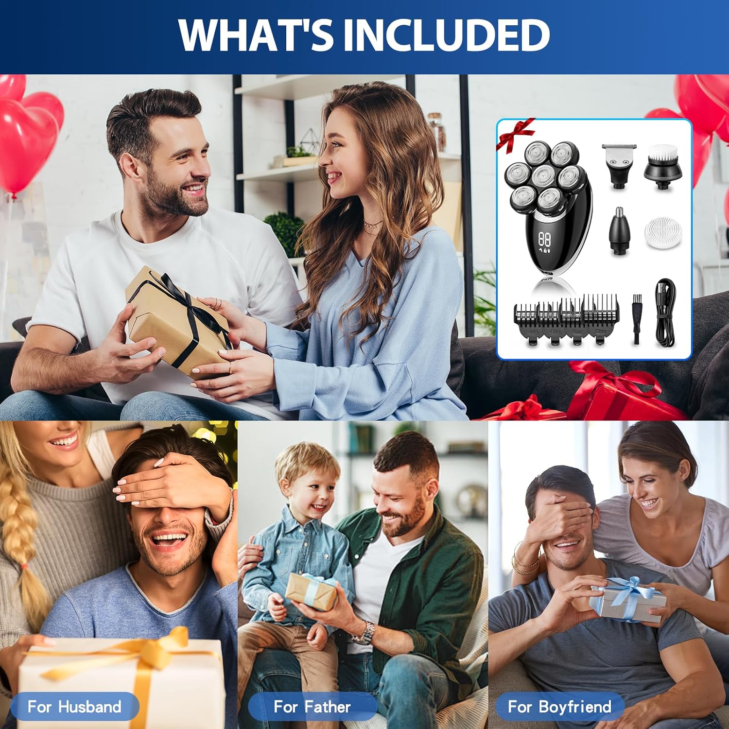 Premium 7D Head Shavers for Bald Men - 5-in-1 Detachable Electric Shaver with Floating Blades, Wet/Dry Waterproof Head Shaving Kit with USB Charging for Ultra-Smooth Shaving Experience - Image 7