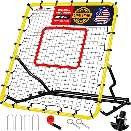 Red de rebote de béisbol de 48 x 52 pulgadas con 3 ángulos ajustables, anti-UV, fácil almacenamiento, entrenador de campo de béisbol con 4 estacas,