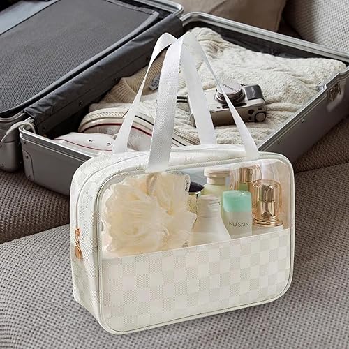 Miniatura 5 de Bolsa de cosméticos de viaje de gran capacidad, bolsa de cosméticos, bolsa de maquillaje portátil impermeable de piel sintética con divisores y asa