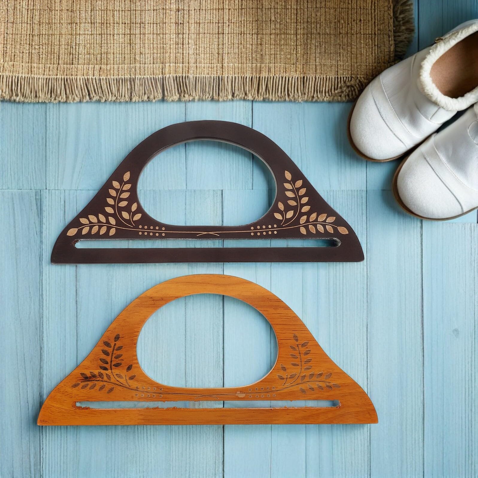 Asas de Madera Forma D para Bolsos de Crochet y Lona Mango Artesanal Grabado Tallado Pack 4 Unidades 2 Café 2 Beige Claro para DIY y Repuesto de Asas de Bolsos