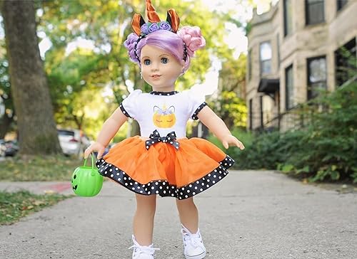 Miniatura 6 de Emily Rose Ropa de muñeca de 18 pulgadas, 3 piezas, disfraz de falda tutú de unicornio naranja y negro, incluye diadema a juego, caja de regalo,
