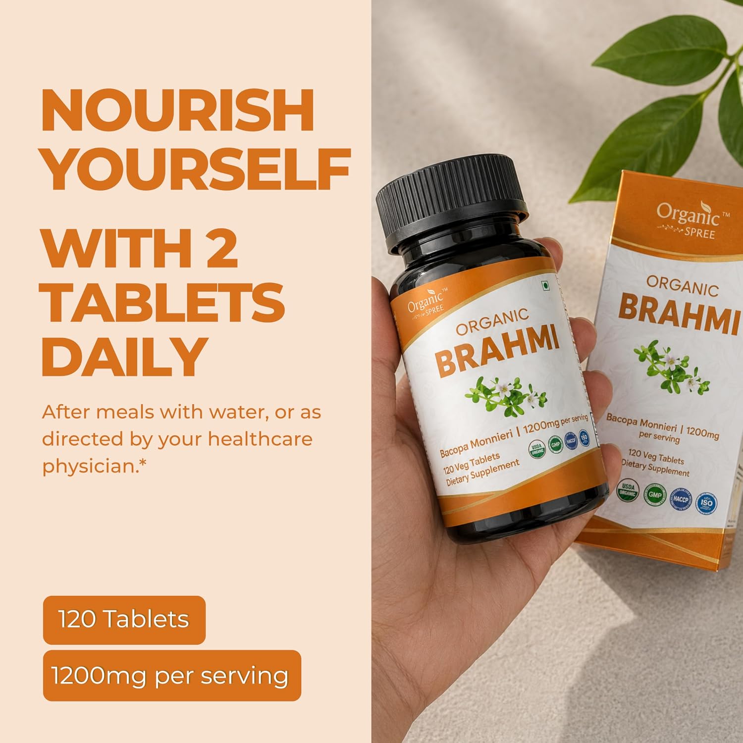 ORGANIC SPREE Brahmi 120 Tablets - Supports Memory, Focus & Daily Wellness* - Bacopa monnieri - 60 Days Supply - USDA Organic, GMP Certified - Pack of 2 image 3