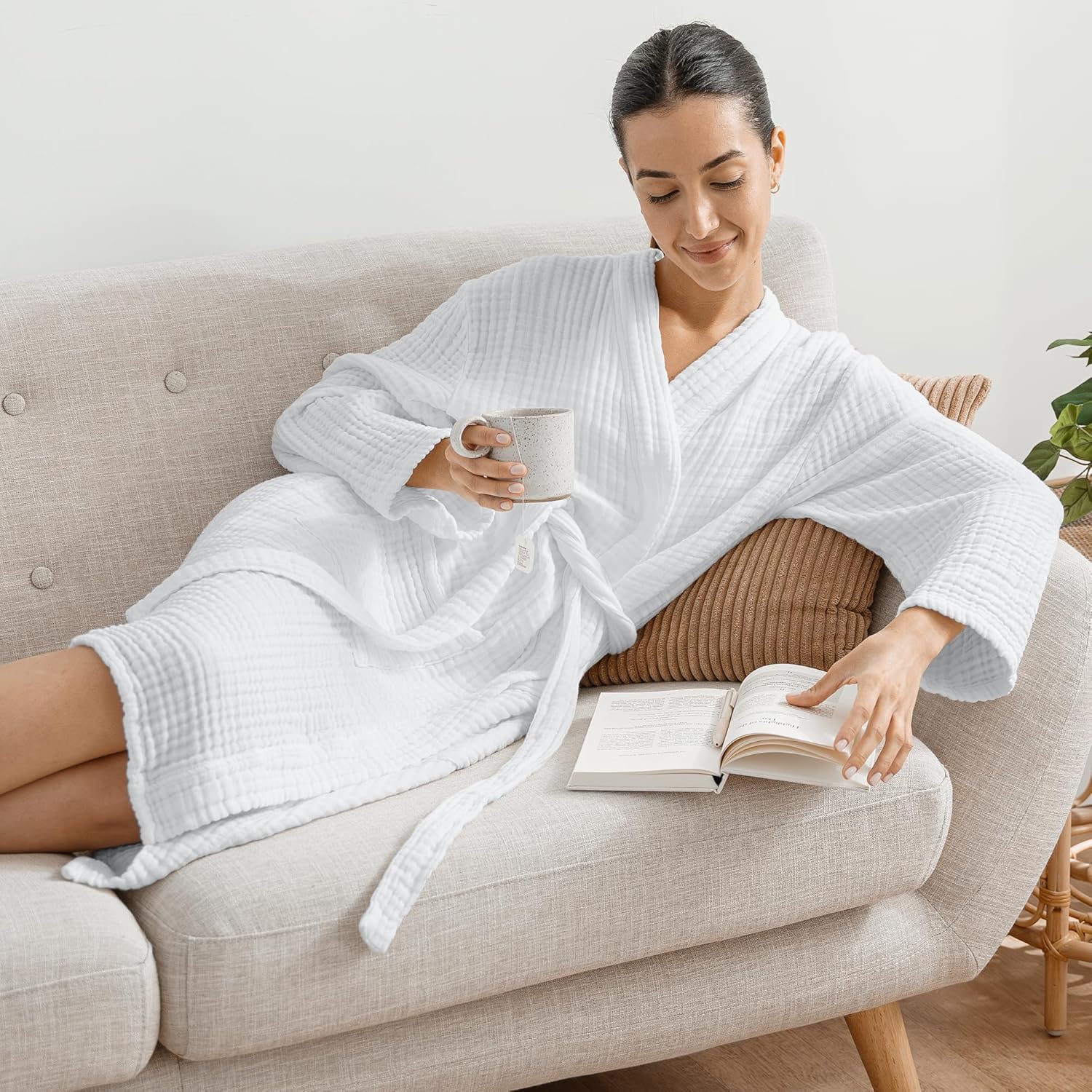 Comfy Cubs 100% Cotton Muslin Bathrobe - 4-Layer Absorbent Robe with Pockets & Belt for Bath, Spa, or Lounging - Image 7