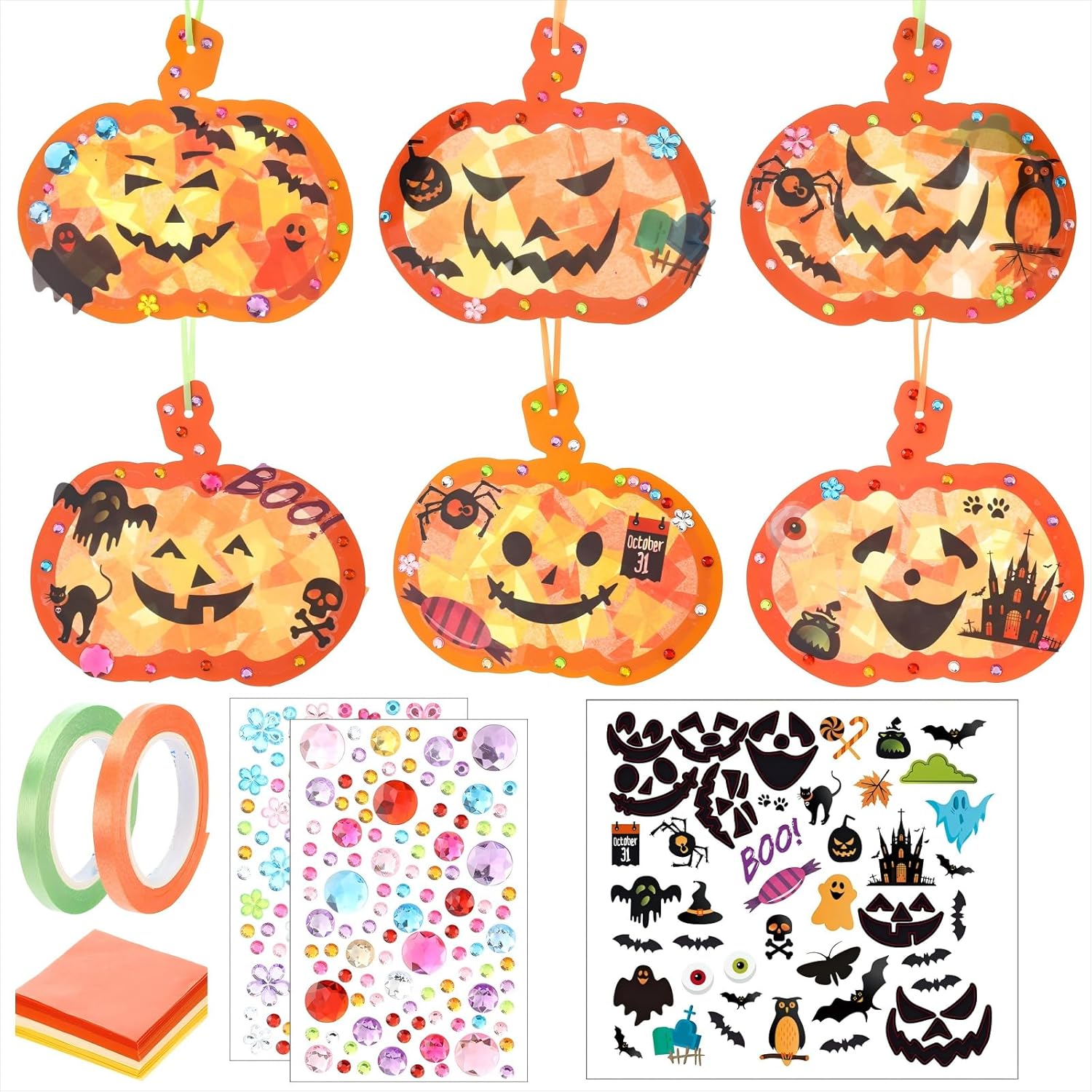 ハロウィンパンプキンティッシュペーパークラフトハロウィンDIYアート&amp;クラフトキットステッカー付き25セット。秋の感謝祭のト