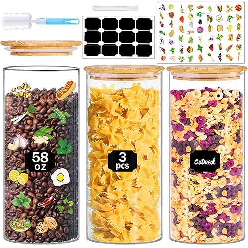 Glass Jars with Bamboo Lids, 58 oz 3 Pcs Kitchen