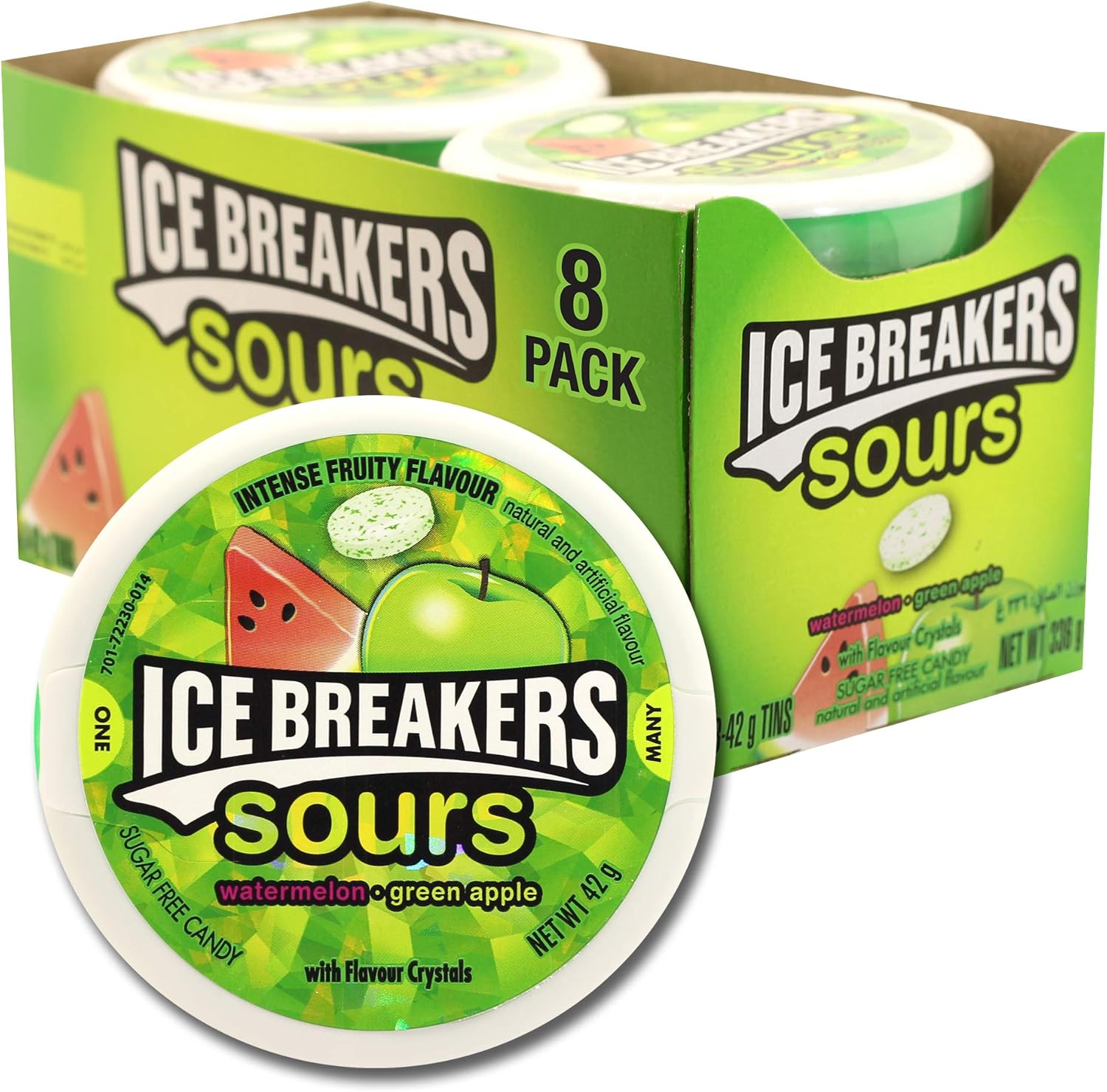 Ice Breakers Sours, Sugar Free Mints, Watermelon and Green Apple Flavour, Pack of 8 x 42 g