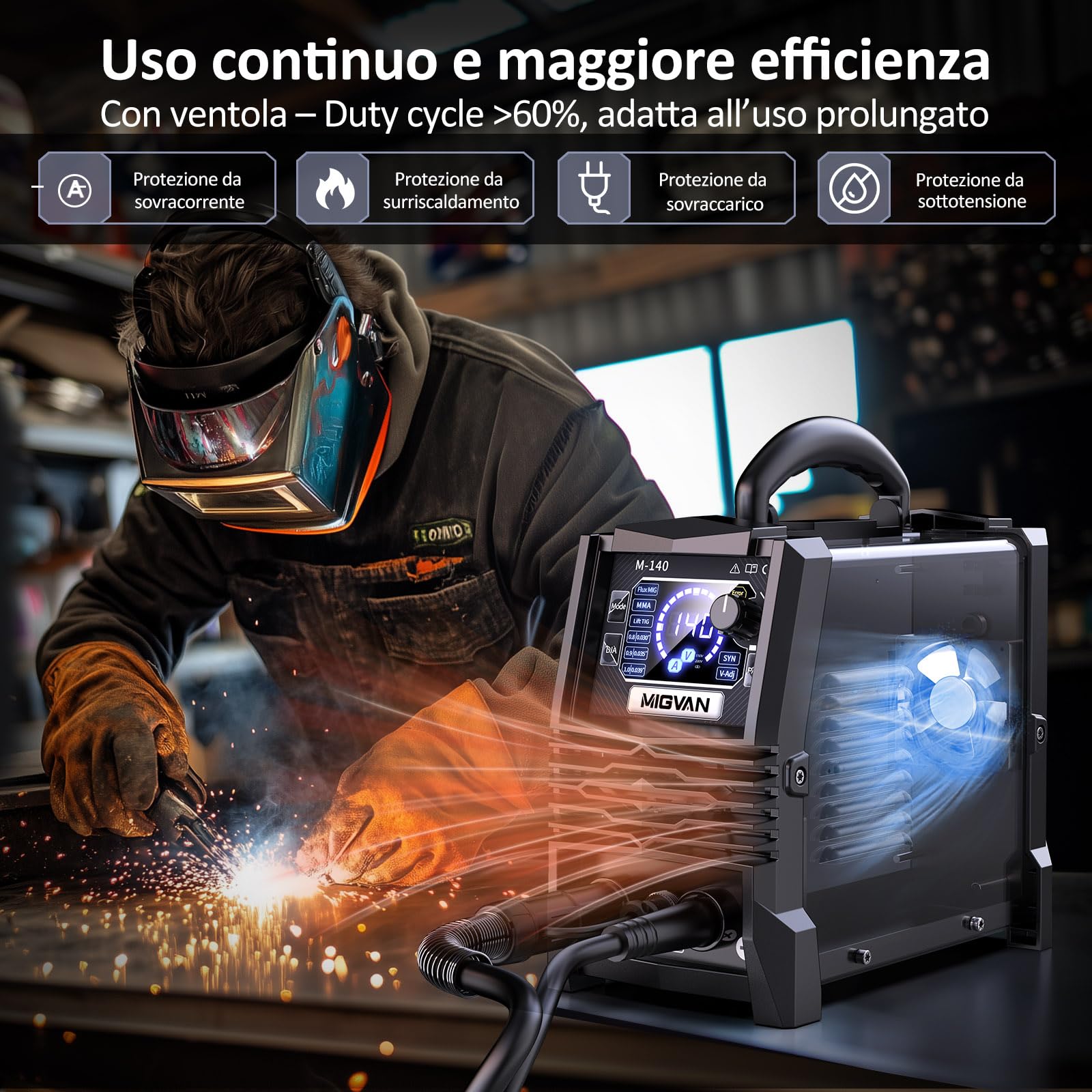 Saldatrice a Filo Continuo senza Gas 3-in-1 Inverter 140A Sinergica Flux MIG/MMA/Lift TIG, 60% ED, Tecnologia IGBT, Avanzamento Filo One-Touch, Leggera & Portatile per Fai-da-te M140S | Inverter IGBT (60% ED) con controllo One Touch, leggero e sicuro con