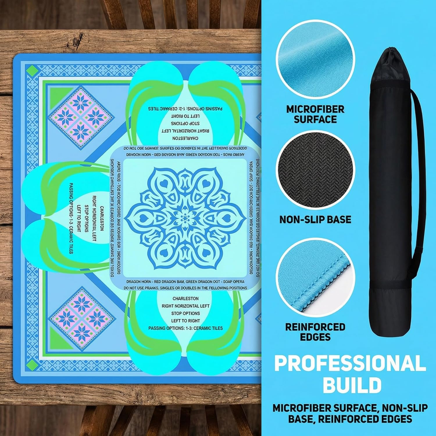 Neoprene Mahjong Mat with Rules (31.5" x 31.5"), No Creases American Mahjong Mat, Anti-Slip & Noise Reduction Mahjong Learning Mat, Mahjong Mats Gifts (Blue)