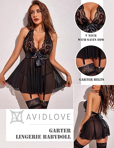 Miniatura 2 de Avidlove Lencería para mujer de encaje babydoll Chemise Halter V ropa de dormir sexy con liguero