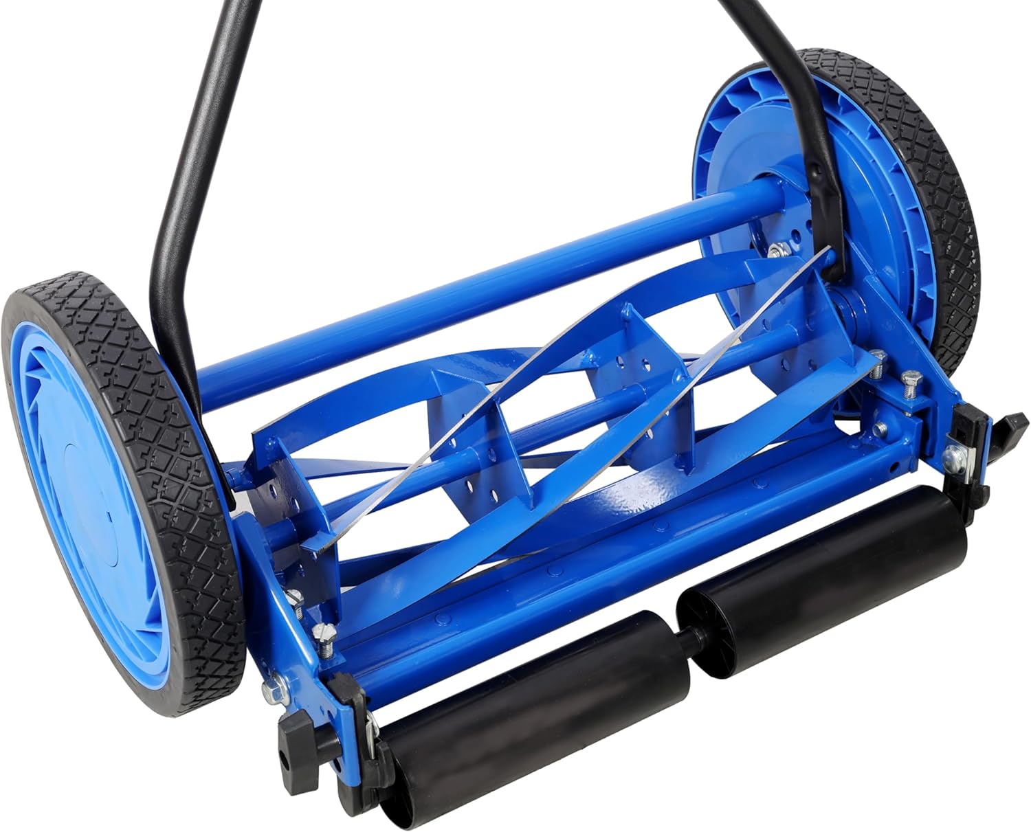 14in Push Lawn Mower, Manual Reel Lawn Mower with 5-Blade Cutting System, Adjustable Height Grass Cutter for Small Yards and Home Lawn Care (Black+Blue)