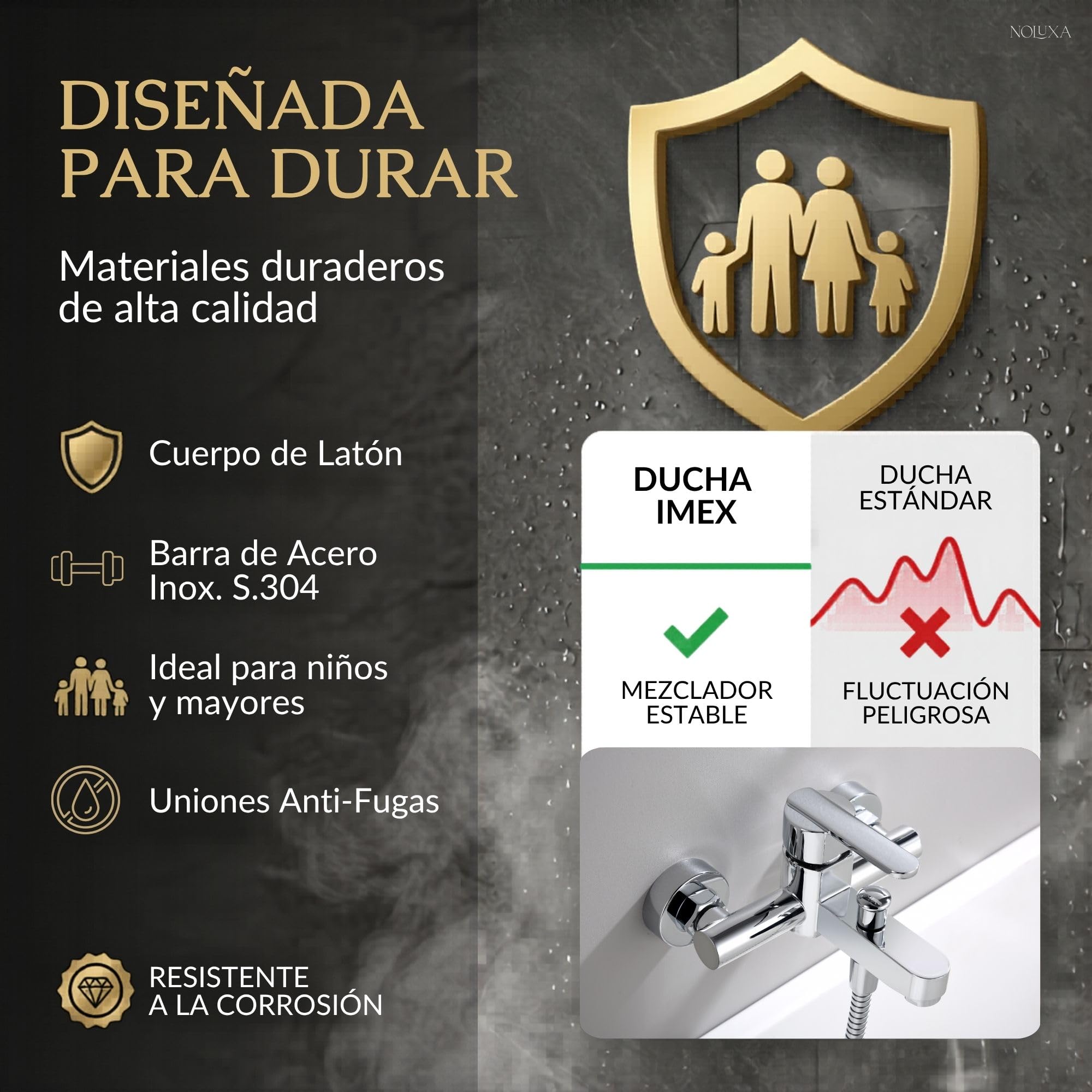 IMEX - Grifo Bañera y Ducha Monomando Cromado | Grifo Mezclador de Pared con Soporte Alcachofa de Ducha y Manguera | Grifería en Latón y Acero Inoxidable S.304 | Serie Roma