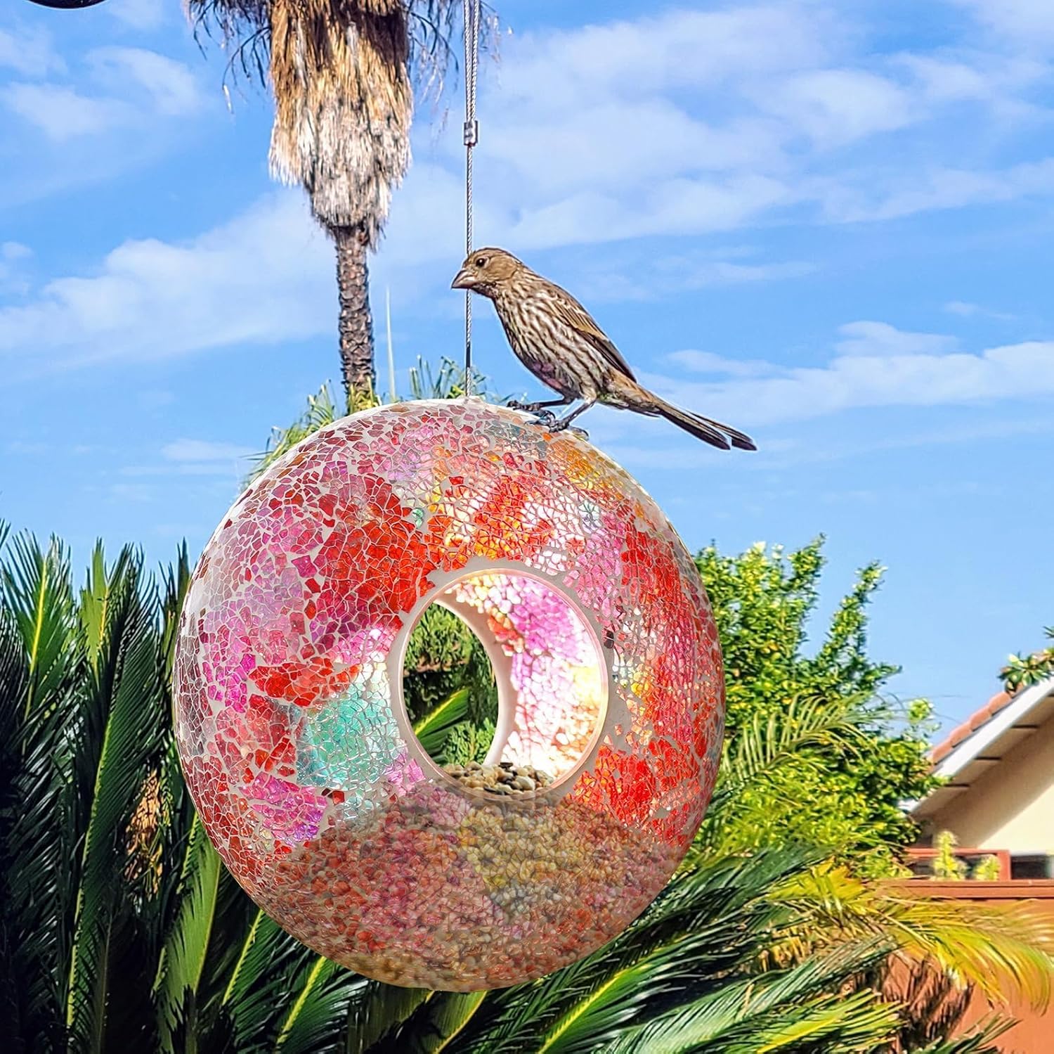 DUSVALLY 9 inch Fly Through Bird Feeder for Wild Birds, Colored Glass Mosaic Outdoor Hanging Feeder - Squirrel Proof Design, Easy to Clean, Weather Resistant Garden Decor for Hummingbirds Finches