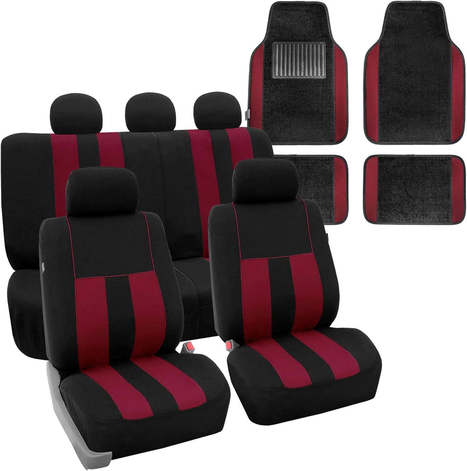 FH Group Striking Striped Car Seat Covers Full Set, Airbag and Split Ready with Carpet Floor Mats – Universal Fit for Cars Trucks & SUVs- Burgundy/Black