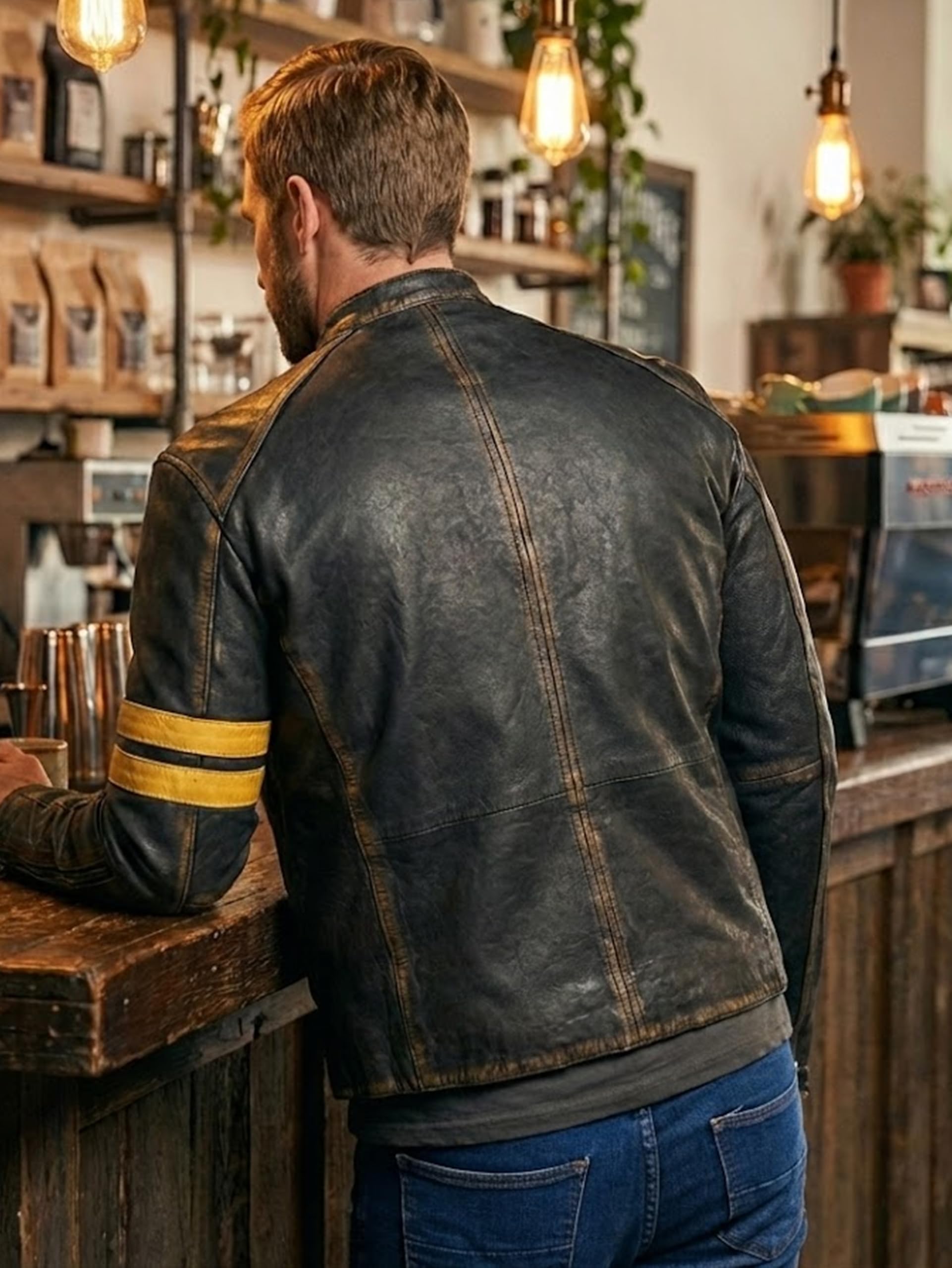 Veste de moto vintage en cuir véritable pour homme Noir vieilli