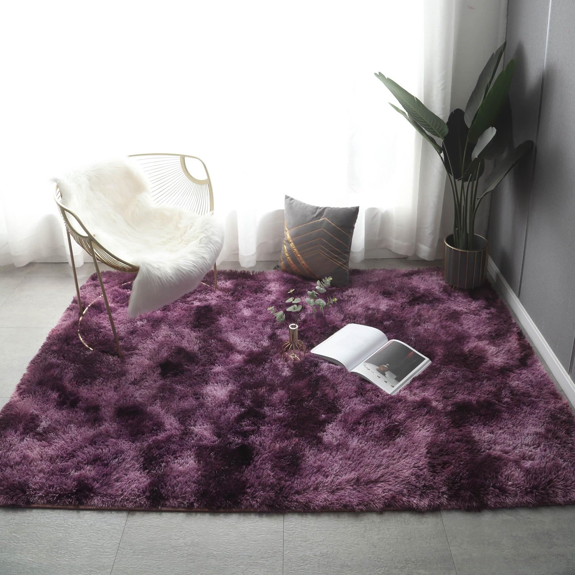 Osifoo Tie Dye Rugs Living Room Bedroom 200x250cm, 3 Layers of Materials, Dark Purple Fluffy Upgraded 4cm Plush Rug, Soft, Comfortable and Warm, for Boy Girl Room