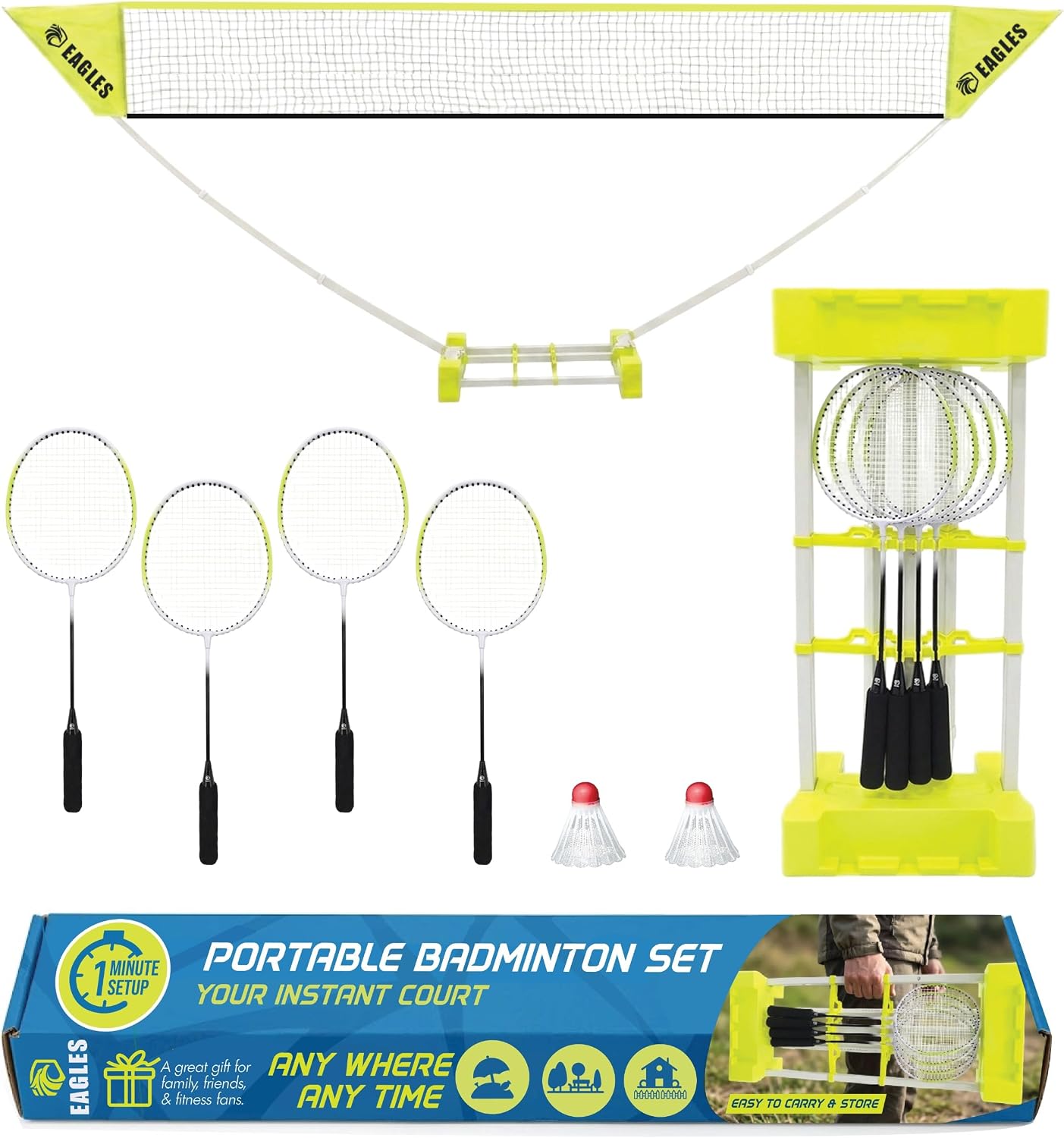 Complete Portable Badminton Set - Quick & Easy Setup - 4 Rackets 2 Birdies Shuttlecock 1 Net & Badmington Pole Frame for Backyard Park & Beach Games Indoor Outdoor