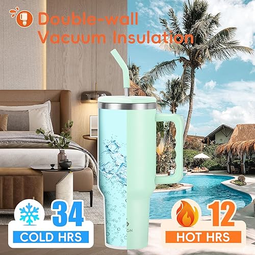 Miniatura 2 de VUSIGN Vaso de 40 onzas con asa y tapa con pajilla, vaso de acero inoxidable aislado al vacío, taza de viaje para agua, té helado, café, batido,