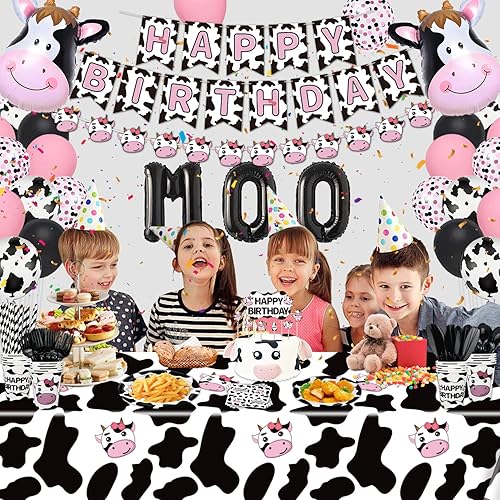 Miniatura 2 de Paquete de 238 suministros de fiesta con estampado de vaca, decoración de fiesta de cumpleaños de vaca, granero rosa, juego de vajilla para fiesta