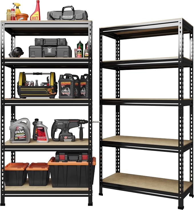 PrimeZone 32" W x 16" D x 63" H Storage Shelves - 5 Tier Adjustable Garage Storage Shelving, Heavy Duty Metal Storage Utility Rack Shelf Unit for Warehouse Pantry Closet Kitchen, Black
