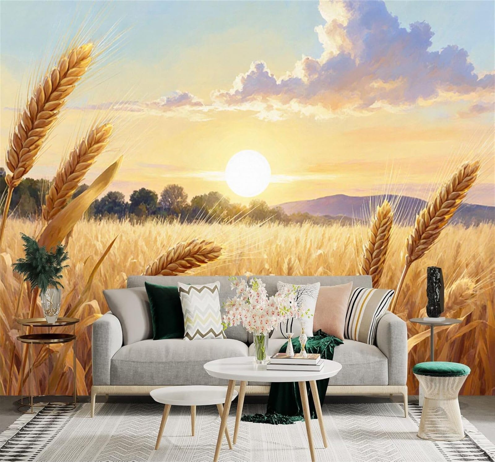 XLMING Sunset Countryside Golden Wheat Fields Mountains Warm Sky 3D Wallpaper Silky Texture Home Study Office Grey Dining Room Sofa Bedroom Living Room TV Backdrop-400cm×280cm
