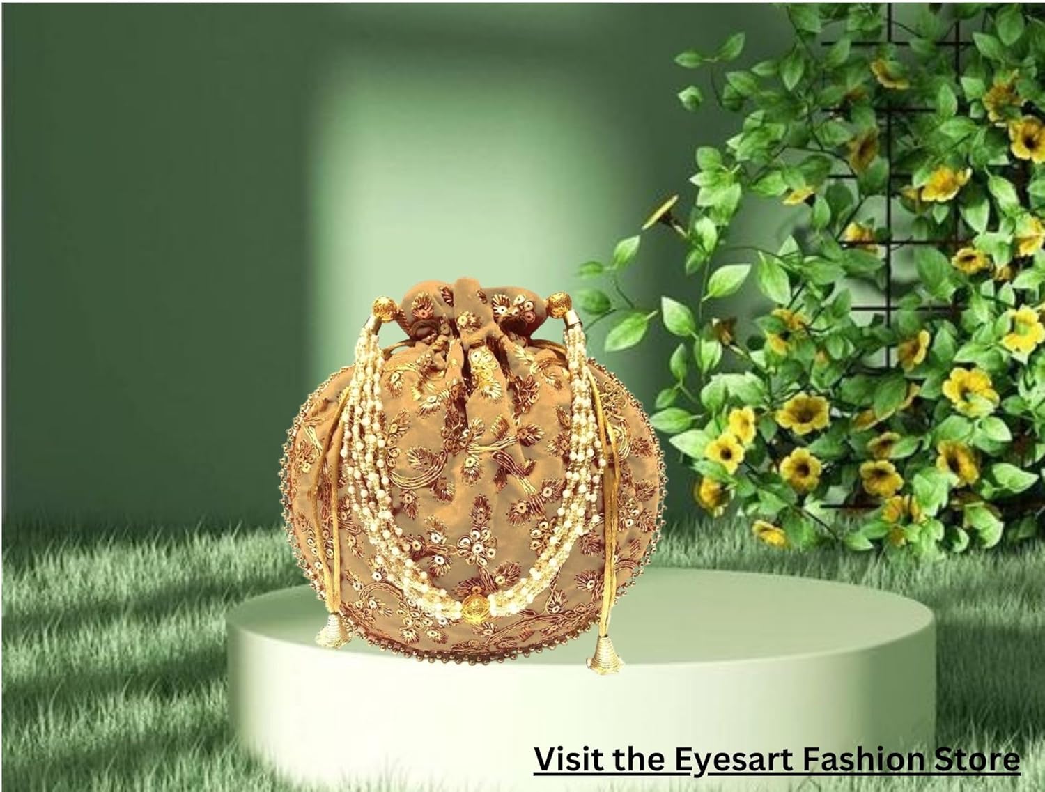 Women's Velvet Embroidered Potli Bag Purse Pouch Drawstring Bag Golden Work Wedding Gift for Women - Image 2