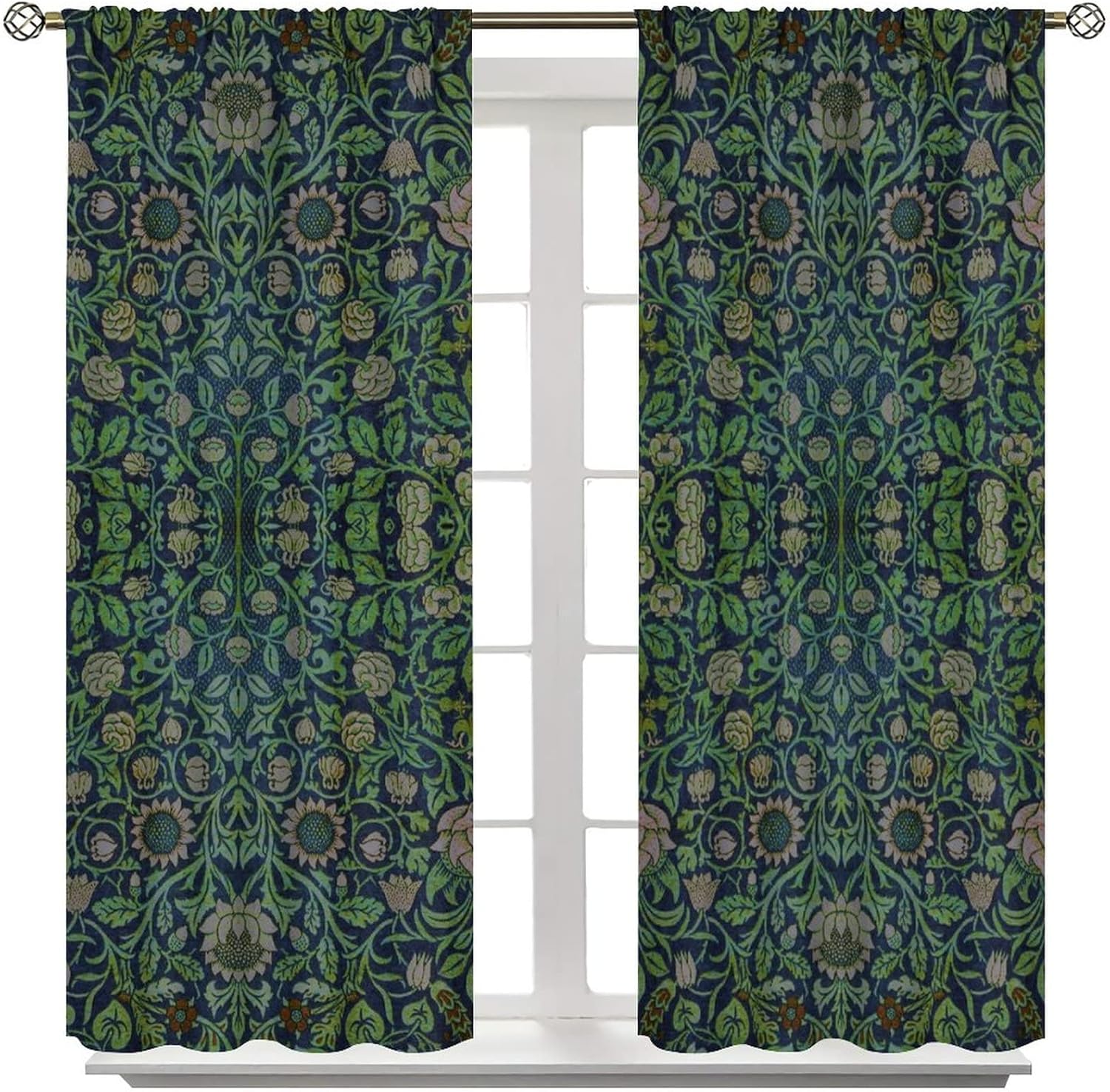 Vintage Leaves Curtains William Morris Style Green Plant Polyester Fabric Curtains for Bedroom Living Room Kitchen Rod Pocket Window Drapes 2 Panels Set,Total Size 42" x 45"
