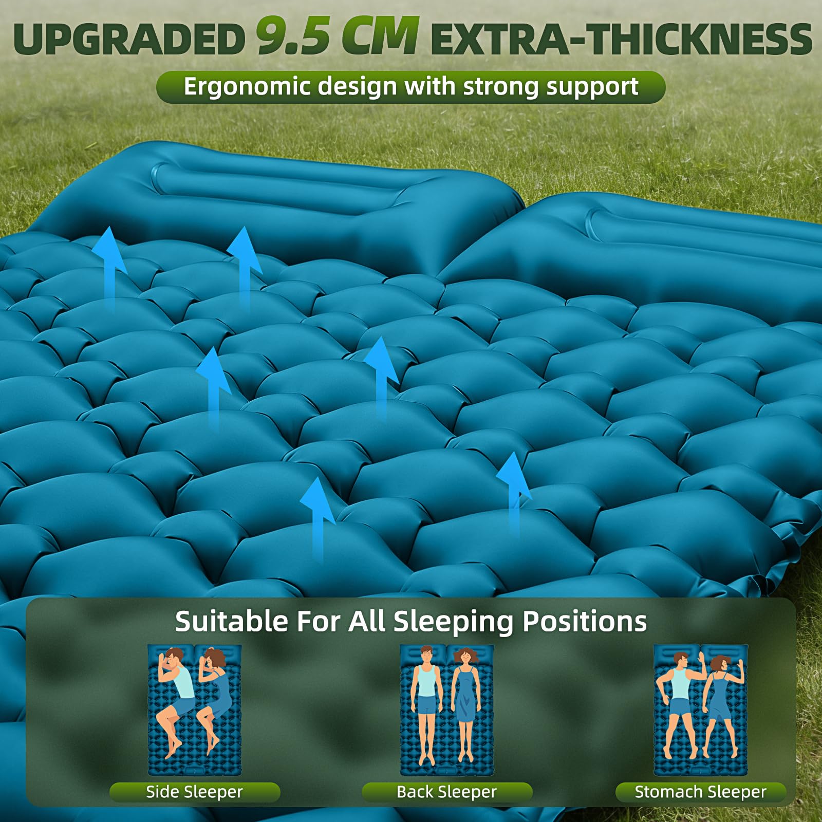 Matelas de Camping Autogonflant 2 Personnes 9.5cm 204x130cm avec Oreiller et Pompe à Pied Intégrée