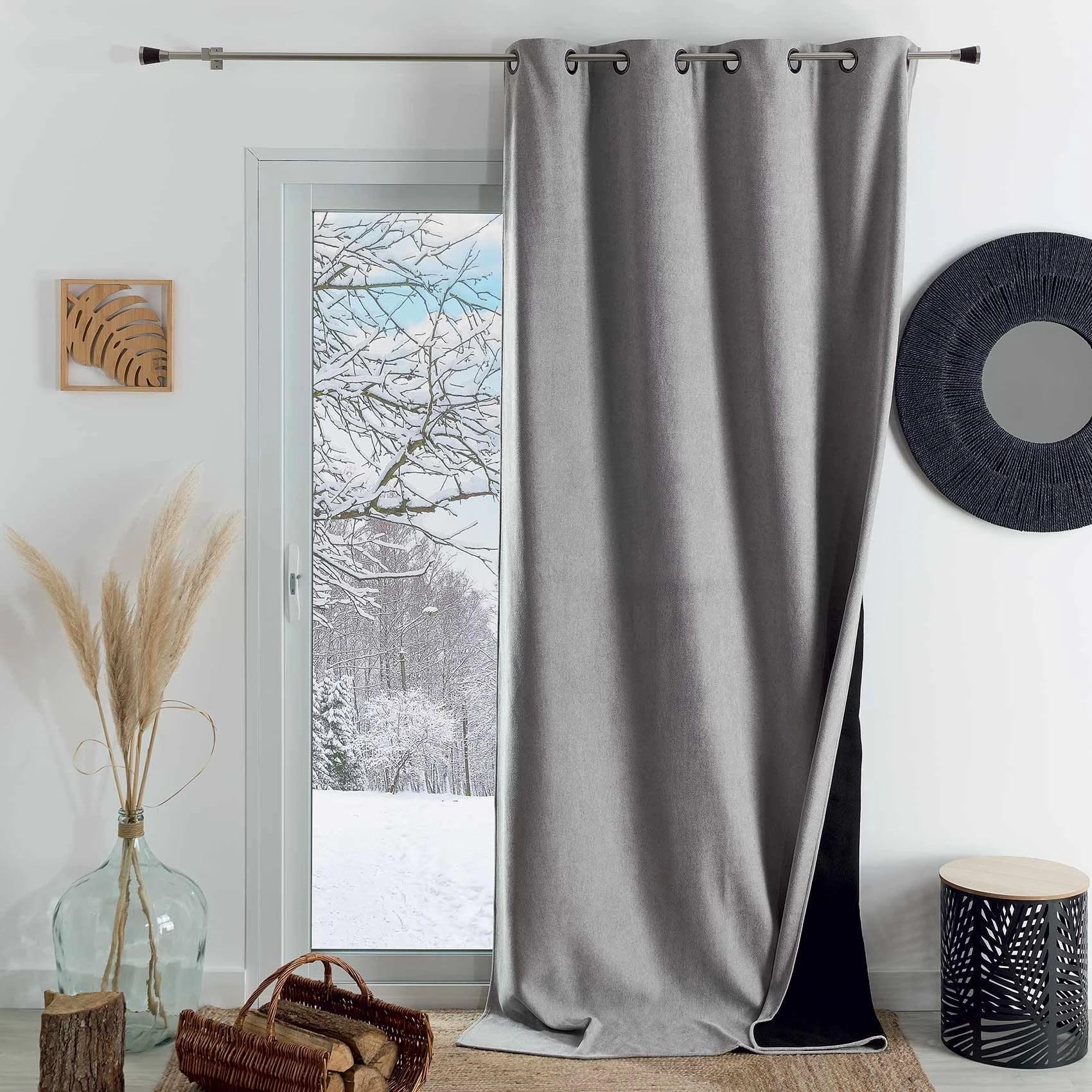 Rideau Thermique Phonique KONFOR - Flanelle Polyester - Occultant Isolant Froid et Bruit - Chambre Salon Bureau - 8 Oeillets - 250 x 260 cm - Gris Perle