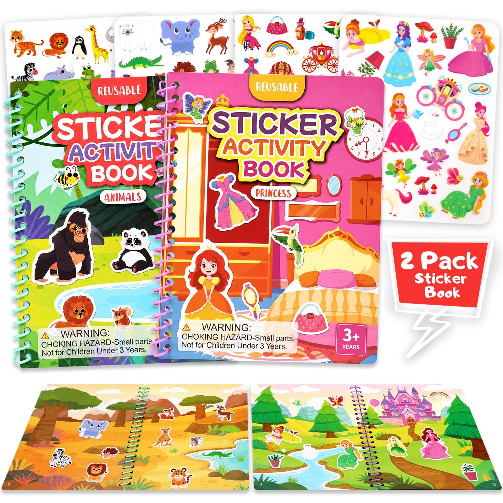 2 Pack Reusable 3D Jelly Sticker Book with Spiral Binding for Toddlers