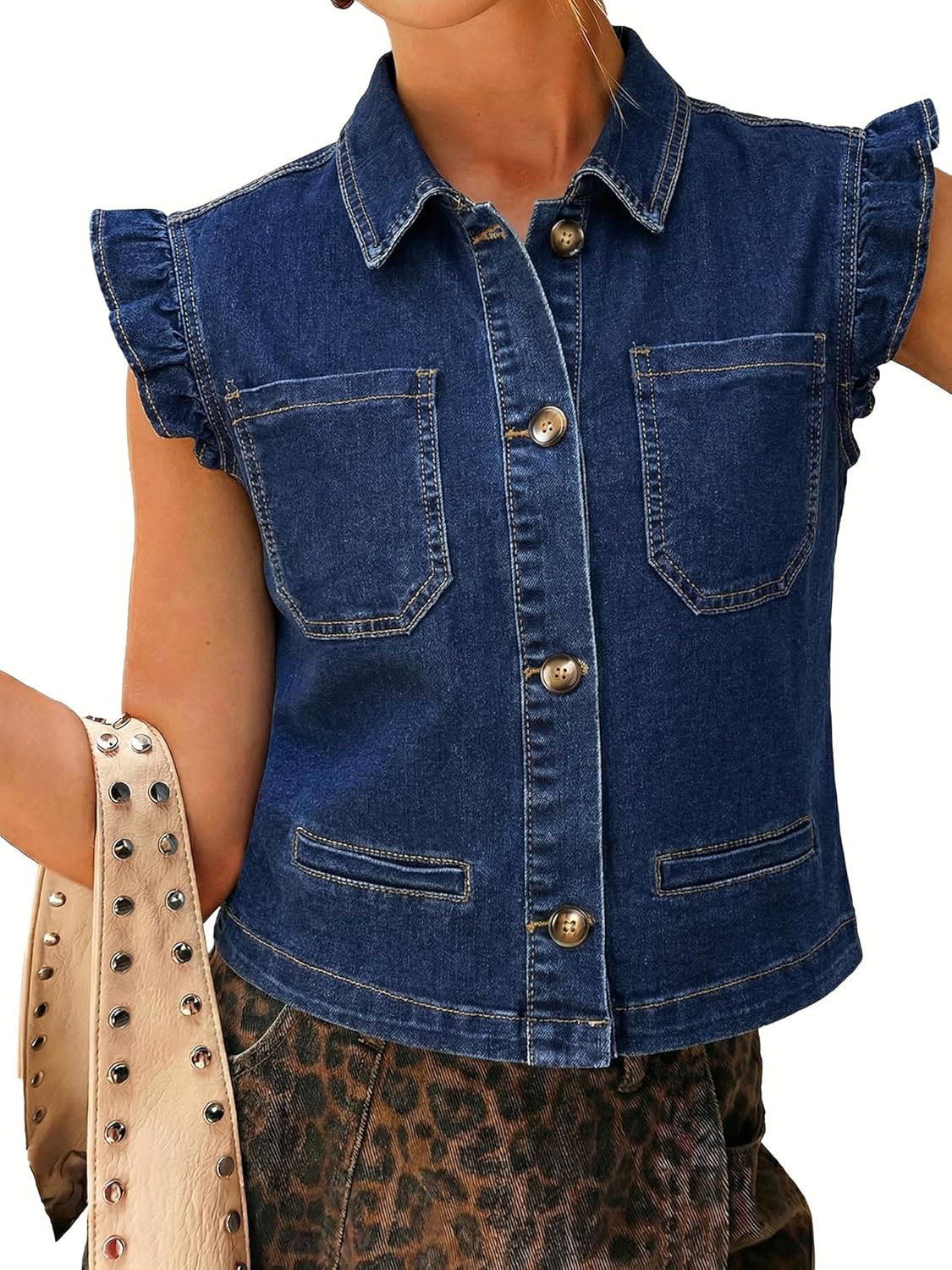 Casual Denim Vest for Women Sleeveless Ruffle Cuffed Cropped Jean Vests Tops Trendy 2026