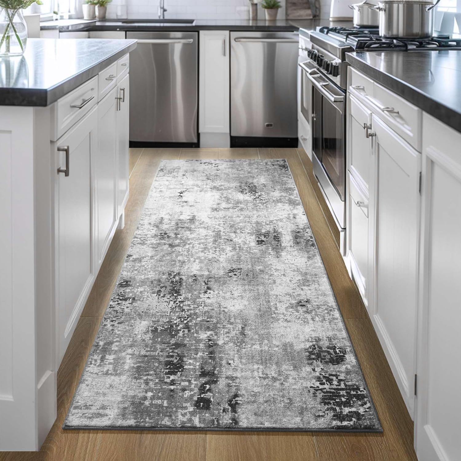 Ompaa Non Slip, Washable, Soft Abstract Long Carpet Runner Rug with Rubber Backing for Hallways, Kitchen, Bedroom, Bathroom, Entryway, Grey, 2x6 ft - Image 2