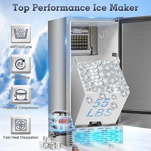 Miniatura 3 de Máquina comercial para hacer hielo debajo del mostrador de 88 librasdía con almacenamiento de 55 libras, 15 pulgadas de ancho, máquina de hielo